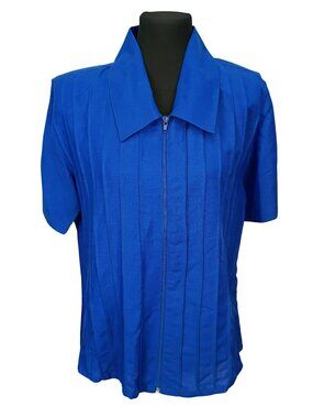 Marla Kim Womens Blue Short Sleeve Zip-Up Blouse XL Ramie Blend Made In Banglade